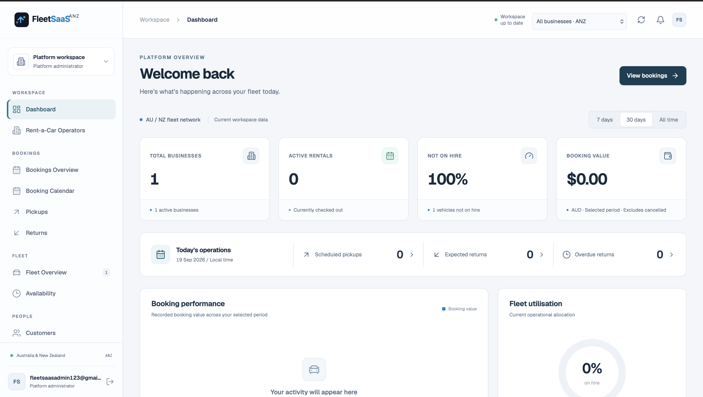 Fleet management dashboard showing bookings, utilisation and daily operations